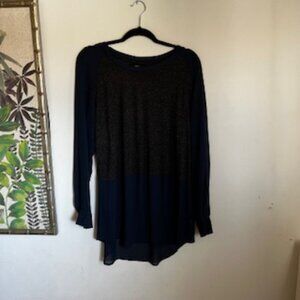 🧡 3/15 Mossimo Linen Blend Semi Sheer Gray Navy Long Sleeve Top Women's L/G